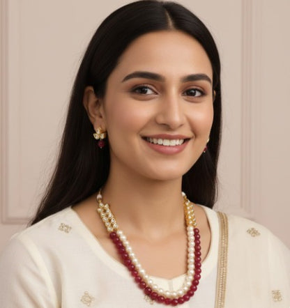 RED STONE WHITE PEARL STRING NECKLACE WITH POLKI FOR WOMEN