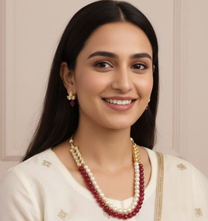 RED STONE WHITE PEARL STRING NECKLACE WITH POLKI FOR WOMEN