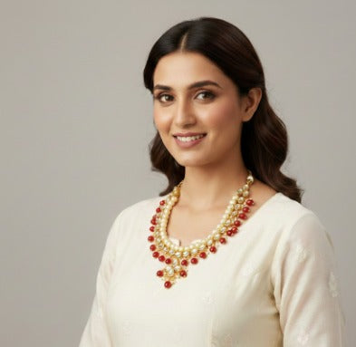 Ruby Off white Pearl Gold Plated Necklace set