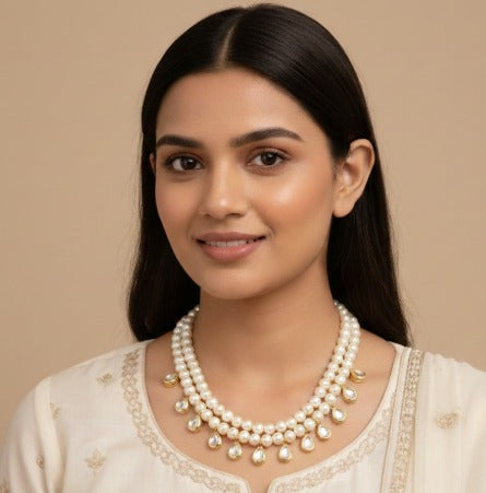 Pearl Drop Kundan Double Line Necklace