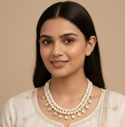 Pearl Drop Kundan Double Line Necklace