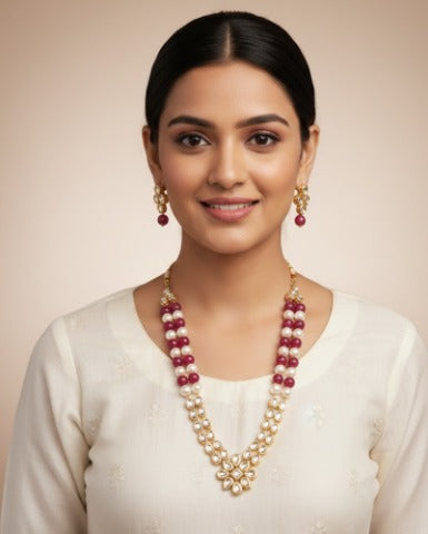 Kundan Pearl & Ruby Stone Necklace Set