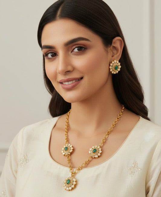 Emerald Gold Plated Mosonite floral Necklace Set