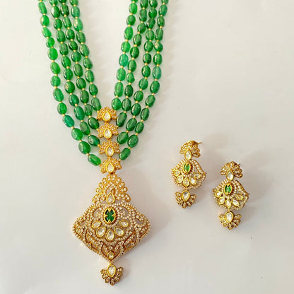Long Green Moissanite Kundan Necklace Set