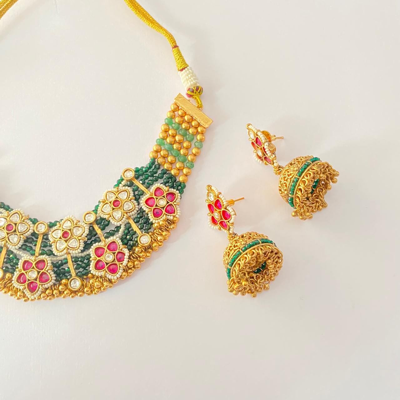 Polki Ruby Emerald Golden Beads Floral Necklace Set