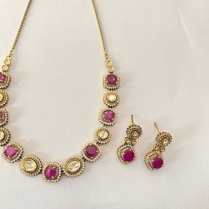 Antique Ruby Kundan Sleek Necklace Set