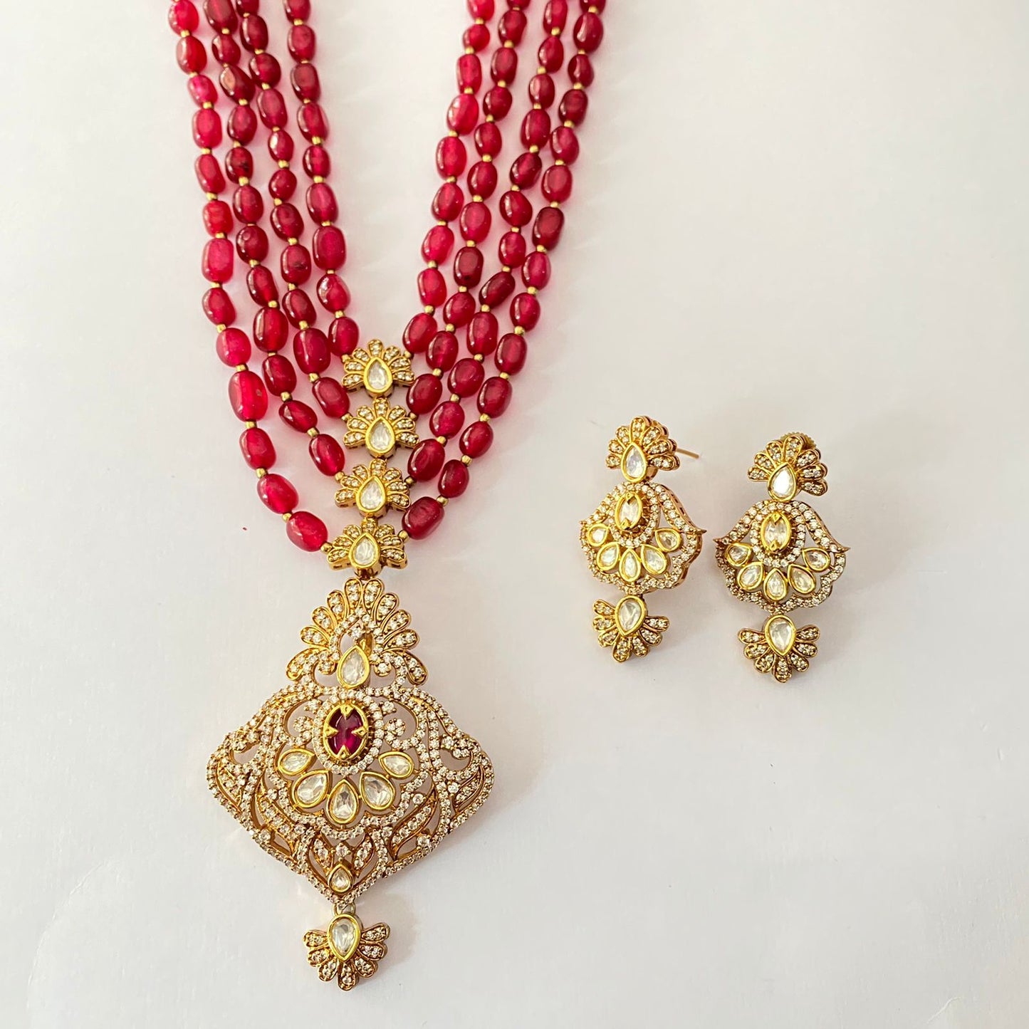 Moissanite Kundan long Ruby Necklace Set