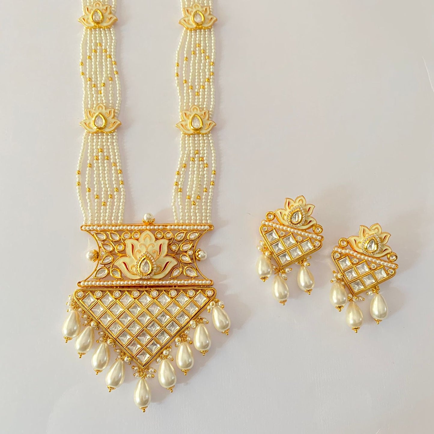 polki Gold plated pearl string long necklace Set