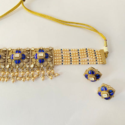 Blue Off White Pearl Choker Set