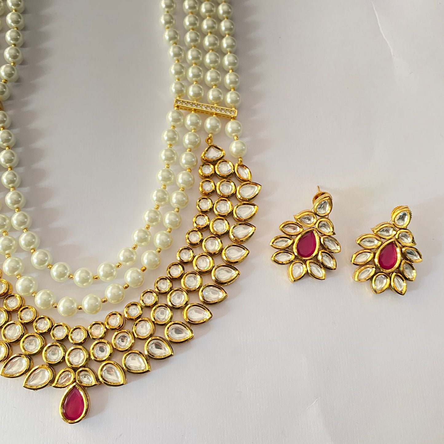White Pearl Kundan Long Necklace Set