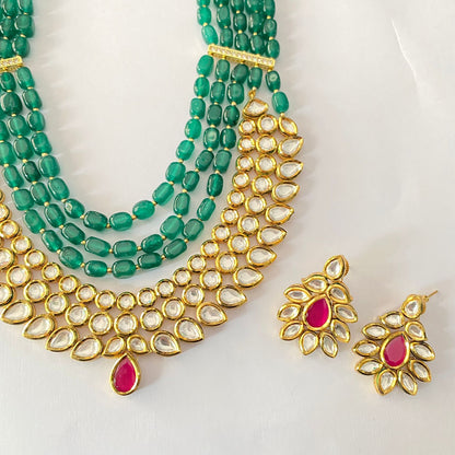 Green Stone Gold Plated Kundan Long Necklace Set