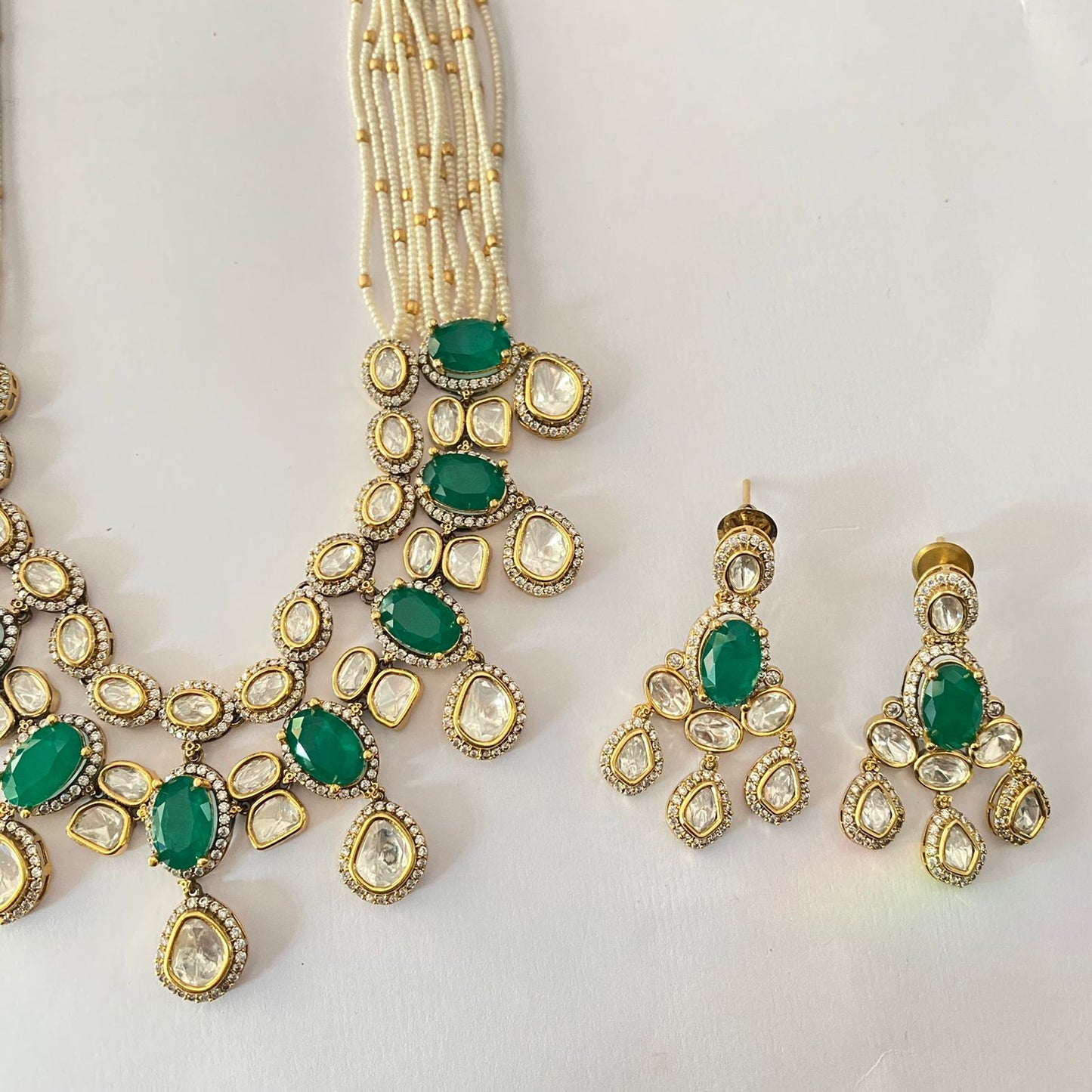Kundan Green White Beads Antique Double Line Necklace Set