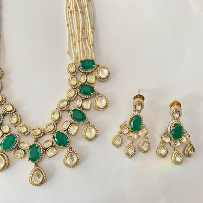 Kundan Green White Beads Antique Double Line Necklace Set