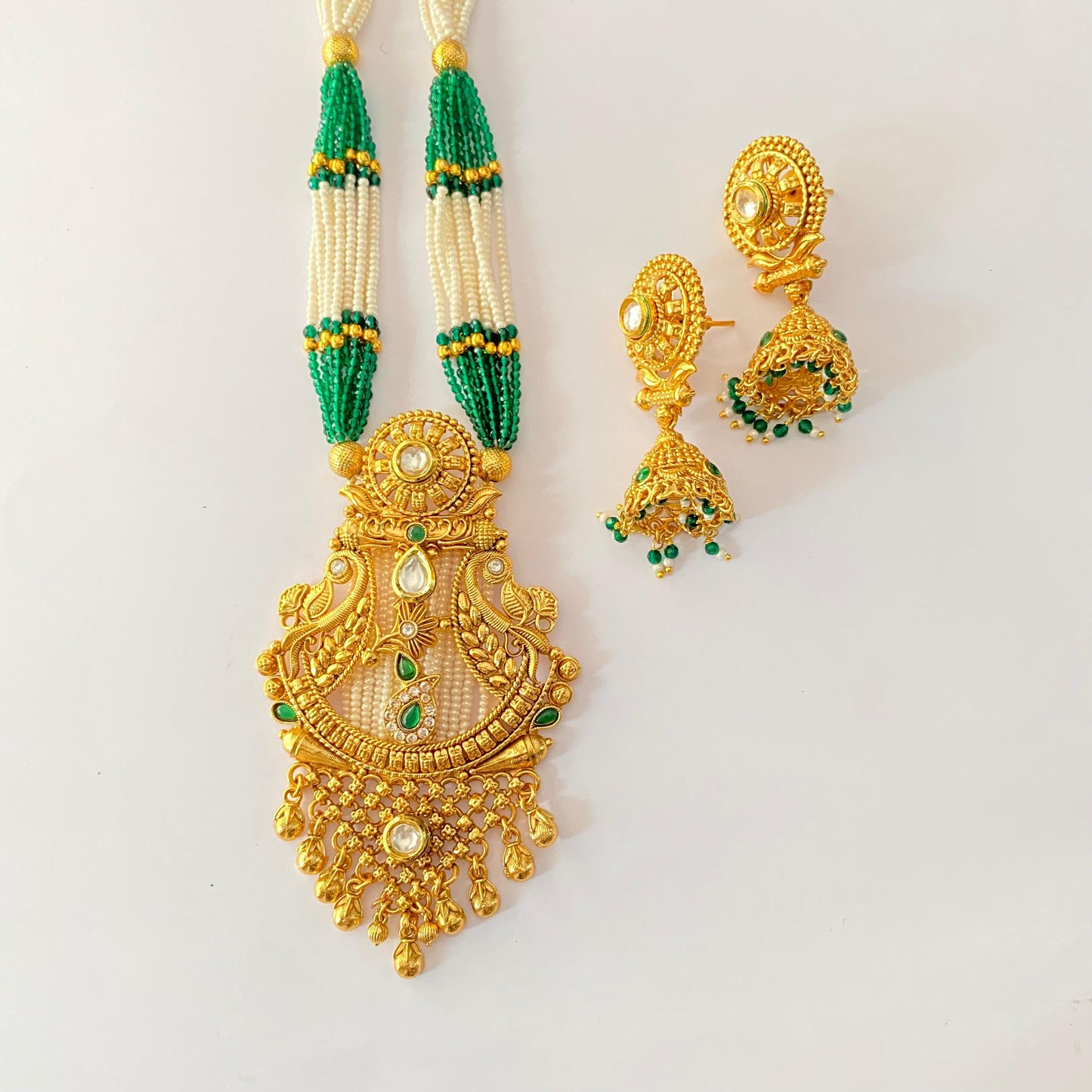 Antique White Beads & Green Beads Long Necklace Set