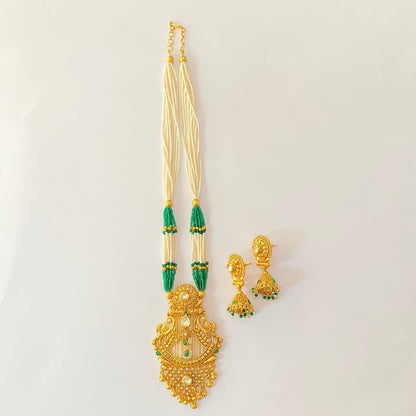 Antique White Beads & Green Beads Long Necklace Set