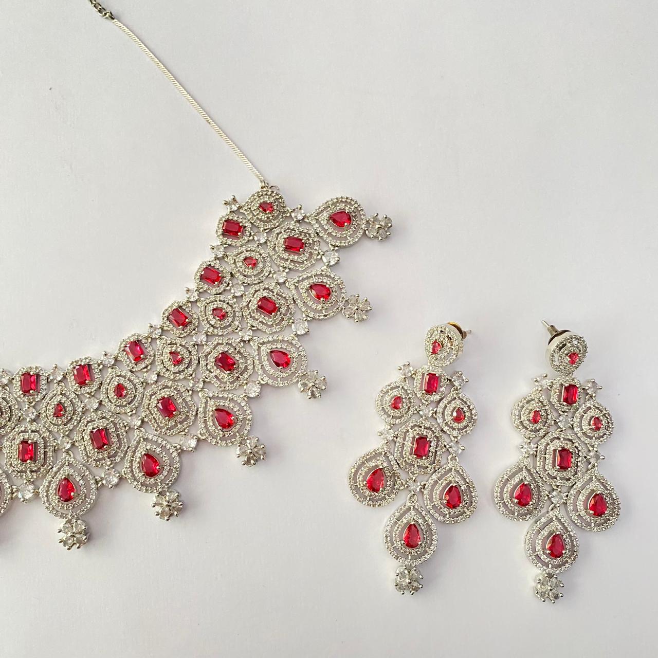 Silver Plated Ruby Diamond Necklace Set
