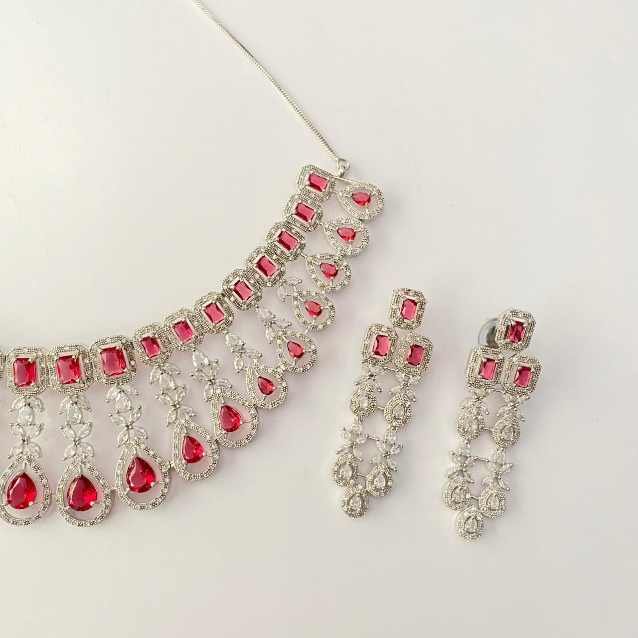 Ruby Silver Plated Diamond Necklace Set