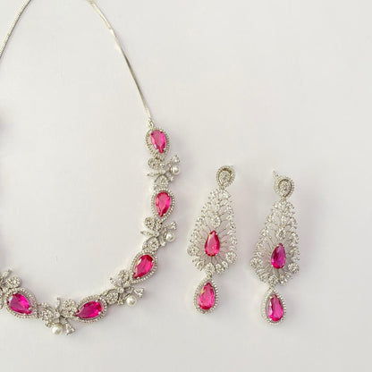 Silver Plated Pearl pink Diamond Necklace Set