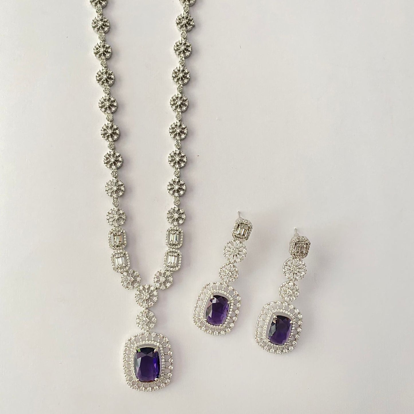 Silver Plated Long Purple Diamond Necklace Set
