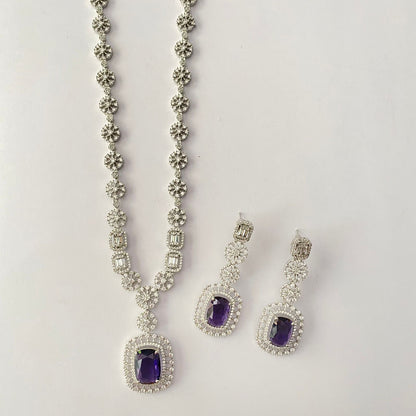 Silver Plated Long Purple Diamond Necklace Set