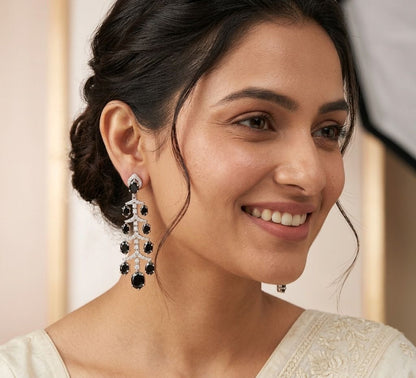 Silver Plated black stone Drop Hanging Earrings