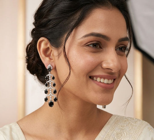 Silver Plated black stone Drop Hanging Earrings