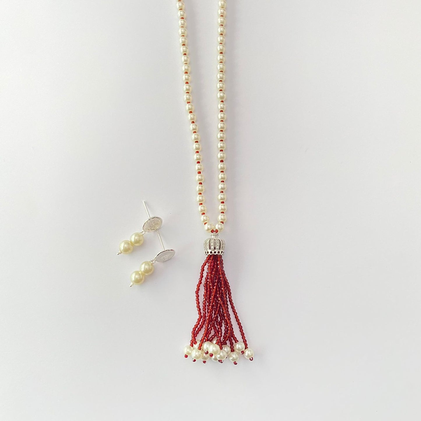 White Pearl Ruby Long Necklace Set