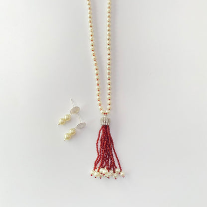 White Pearl Ruby Long Necklace Set