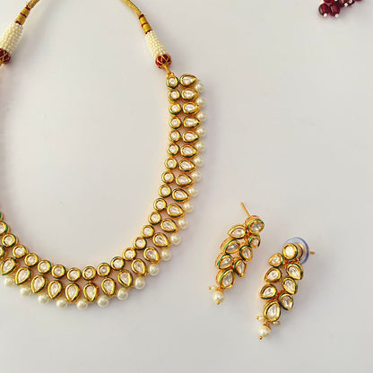 Gold Plated Kundan Drop Pearl Necklace Set