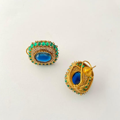Antique Gold Plated Green & Blue Stud With Back Clip