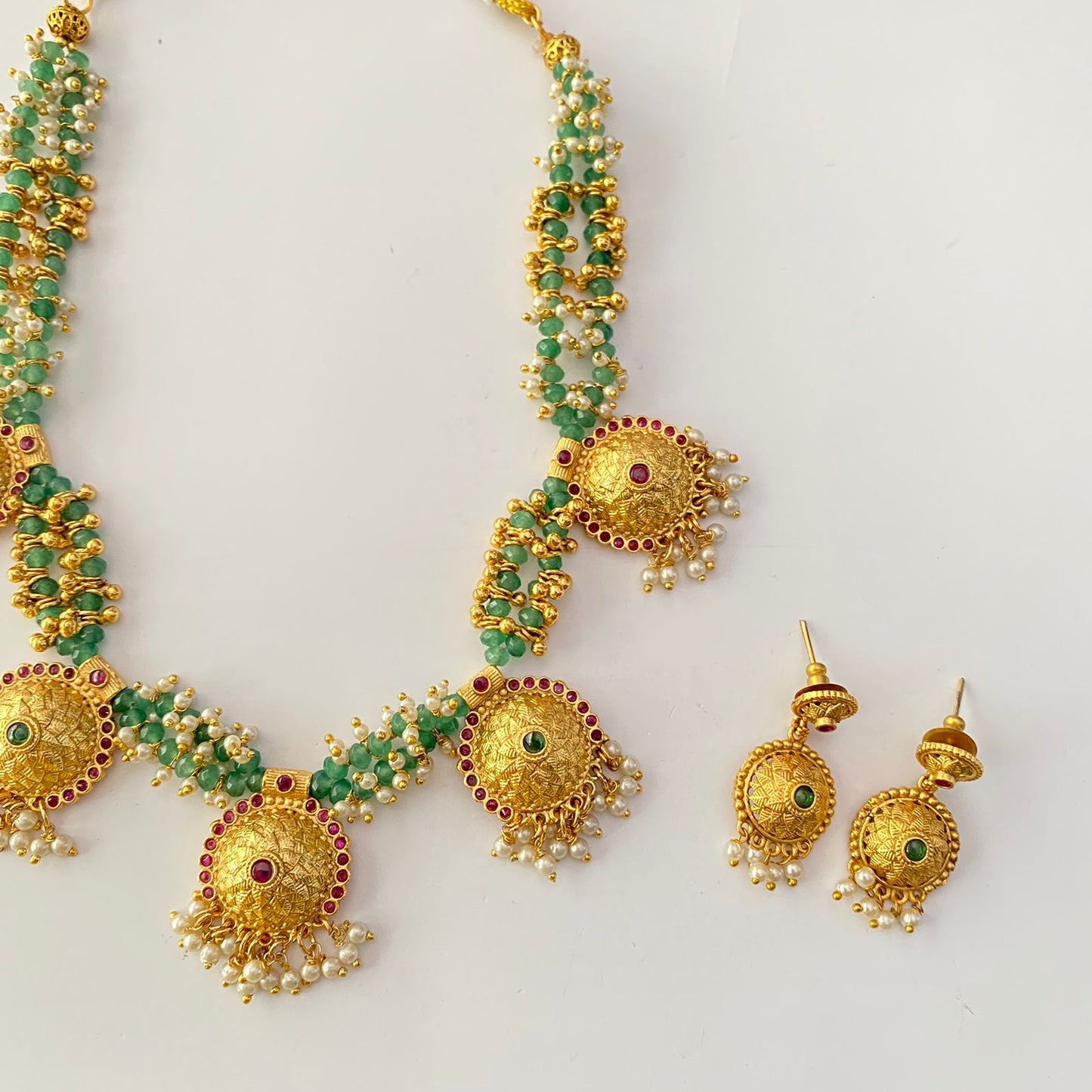 Gold Plated Green Beads Pearl Necklace Set