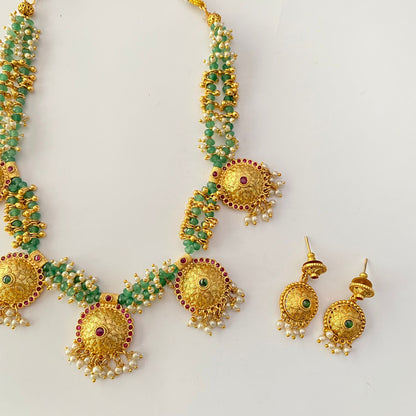 Gold Plated Green Beads Pearl Necklace Set
