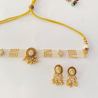 Gold Plated Sleek White Beads Choker Set
