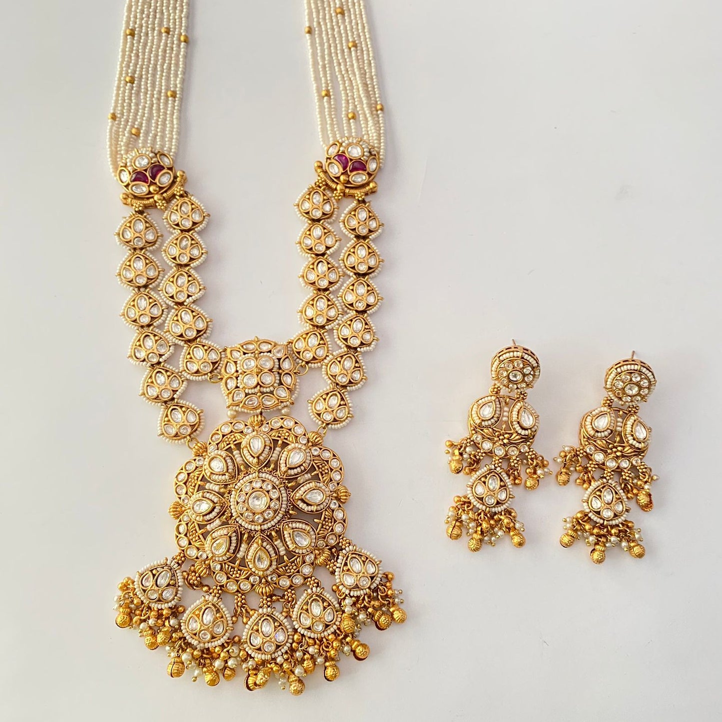 Gold Plated Long White Beads Necklace Set