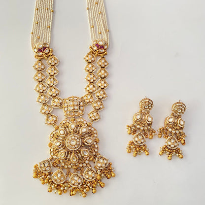 Gold Plated Long White Beads Necklace Set
