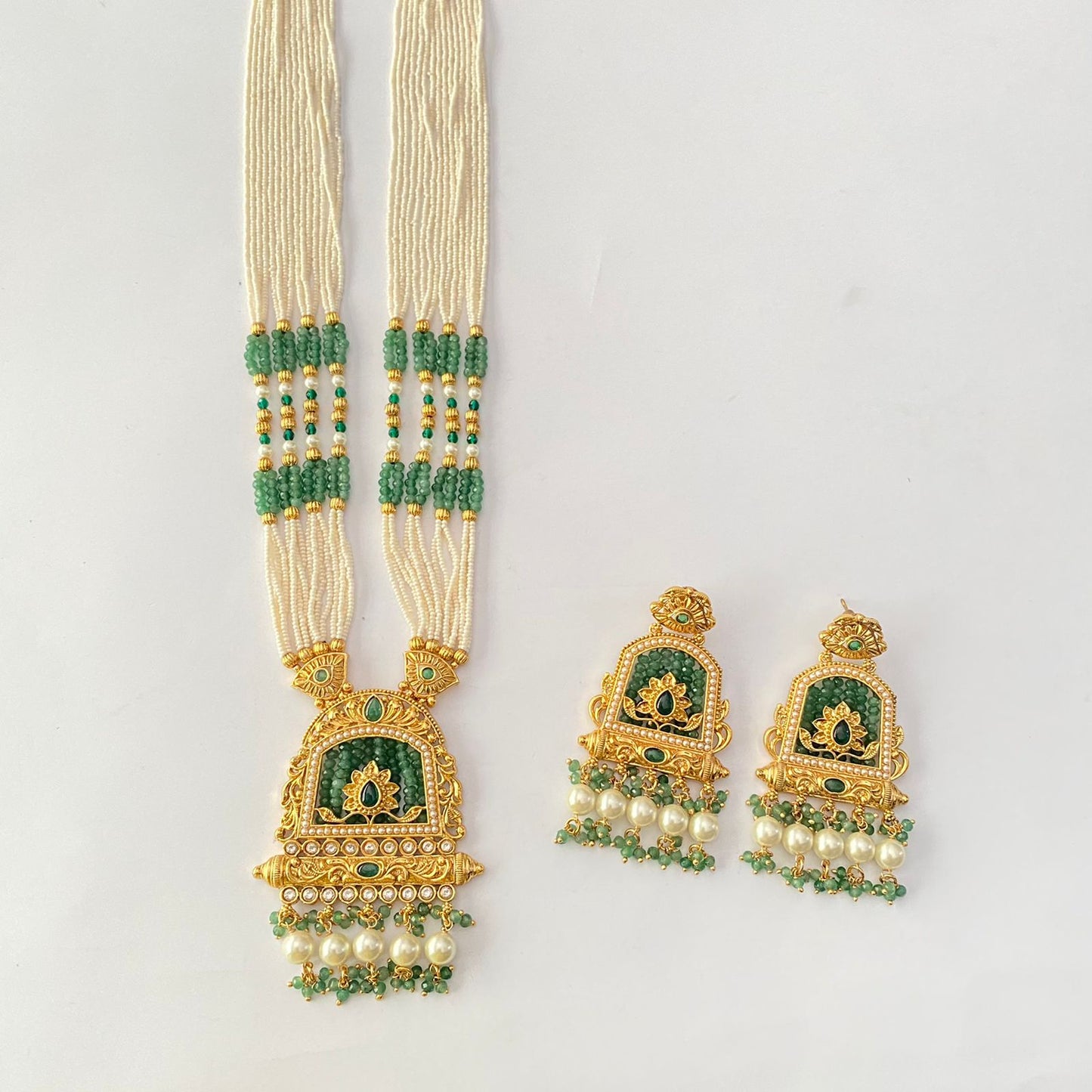 Long Gold Plated White Pearl Necklace Set