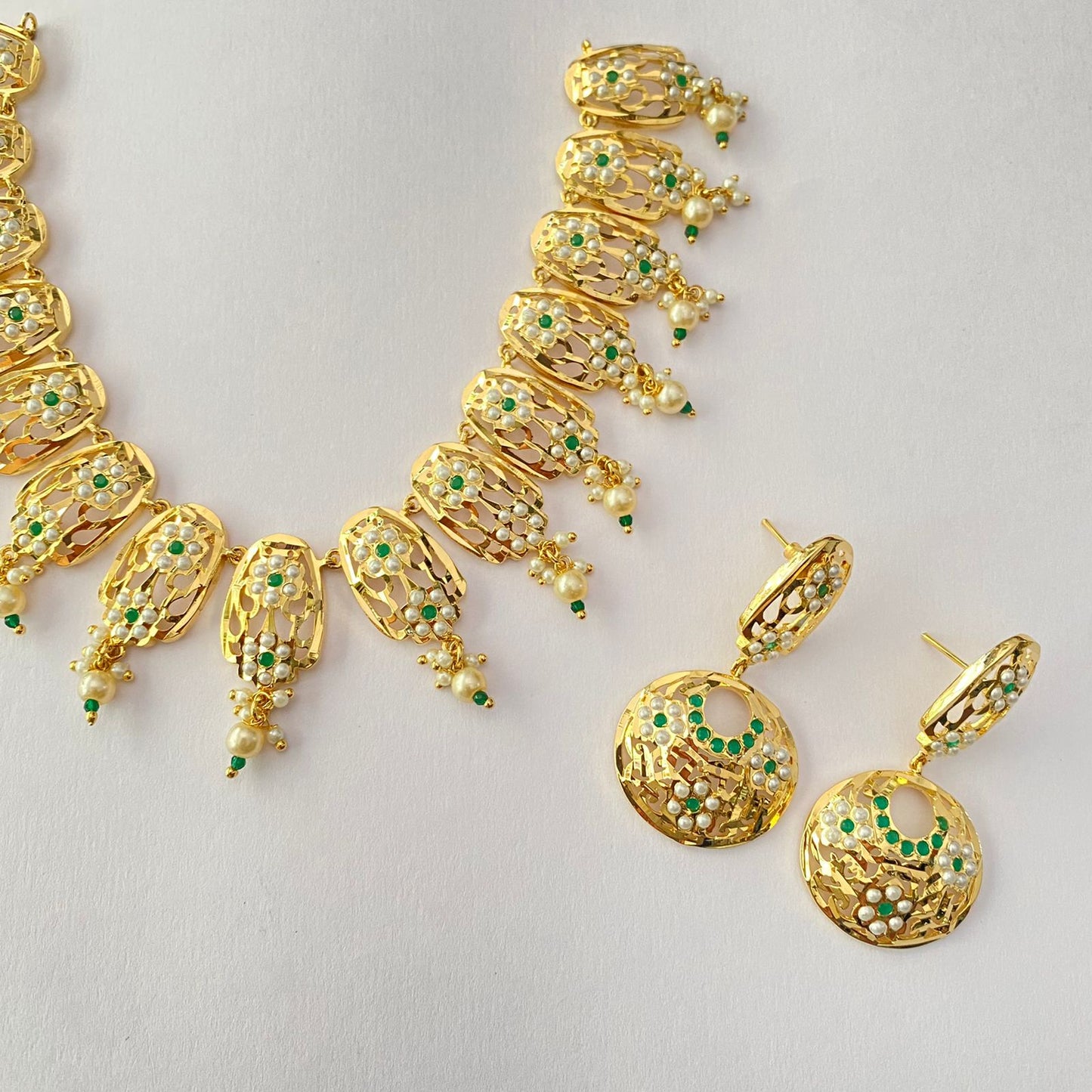 Gold Plated Green Jadau Necklace Set