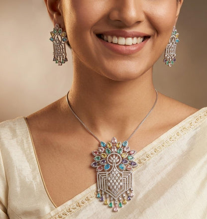 Silver Plated Diamond multi colour Pendant Set
