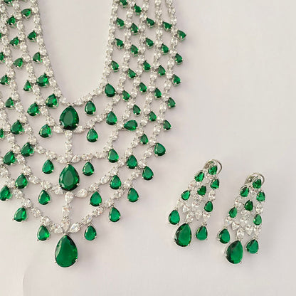 Silver Plated Green Diamond Layer Necklace Set