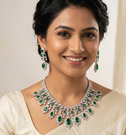 Emerald Silver Plated Necklace Set