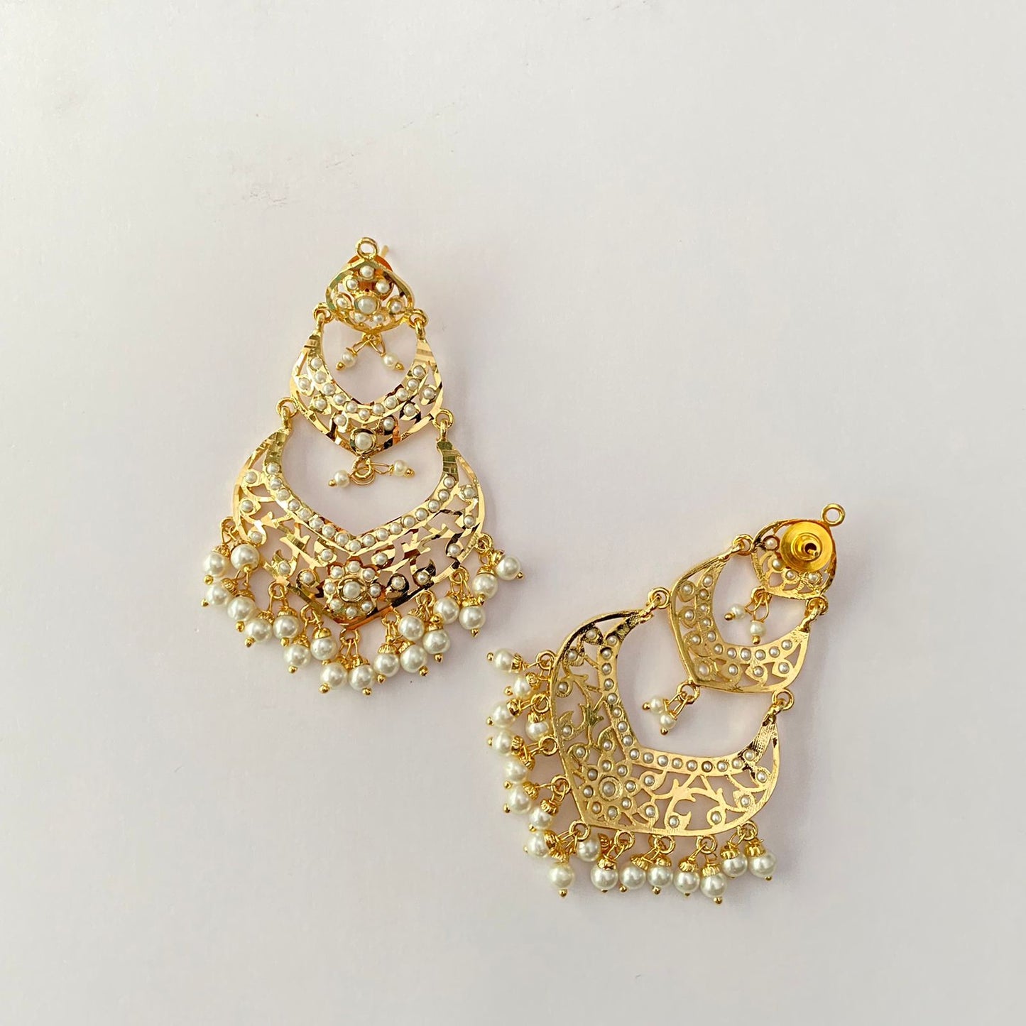 Gold Plated White Jadau Pearl Chand Bali