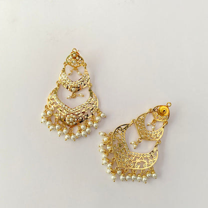 Gold Plated White Jadau Pearl Chand Bali