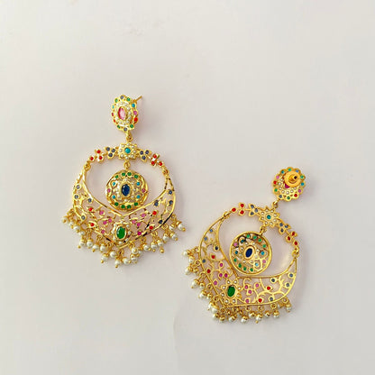 Gold Plated Multi Jadau Chand Bali