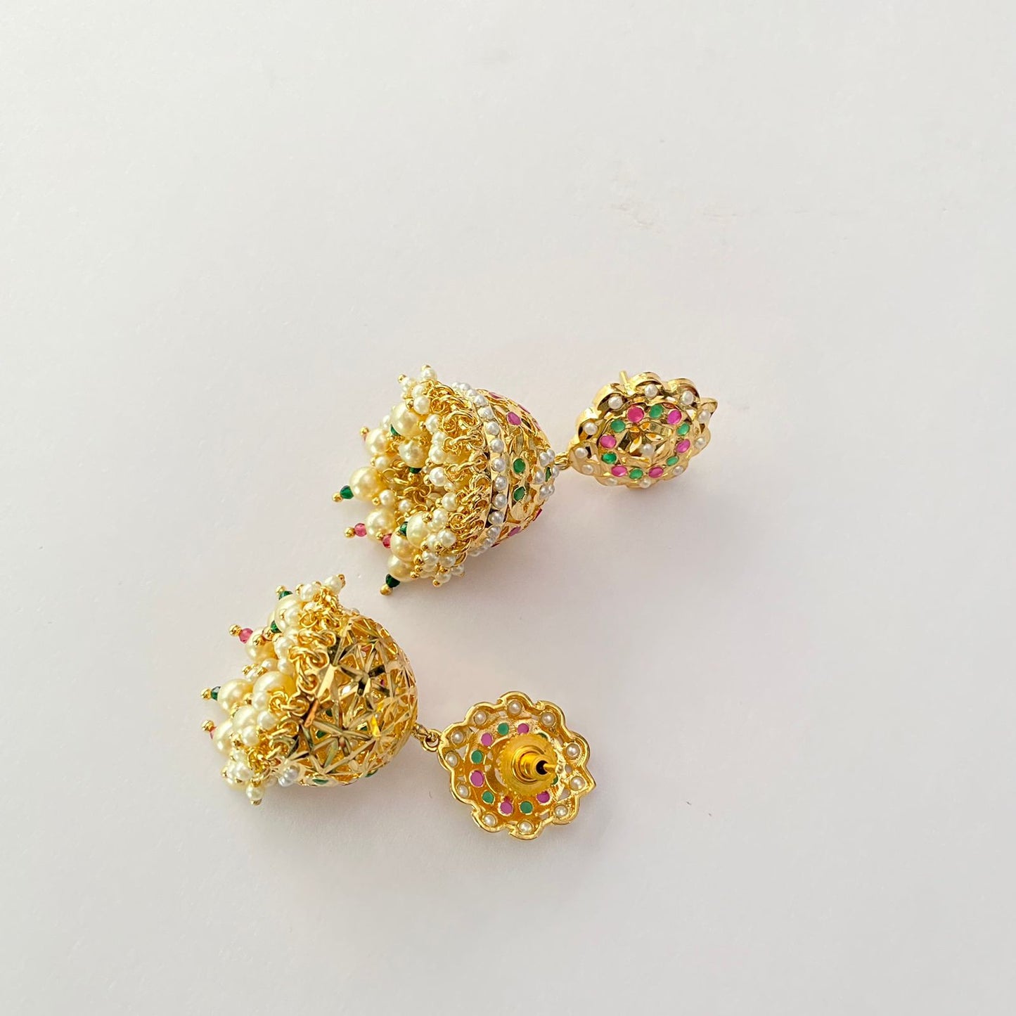 Ruby $ Green Gold Plated Jadau Jhumka