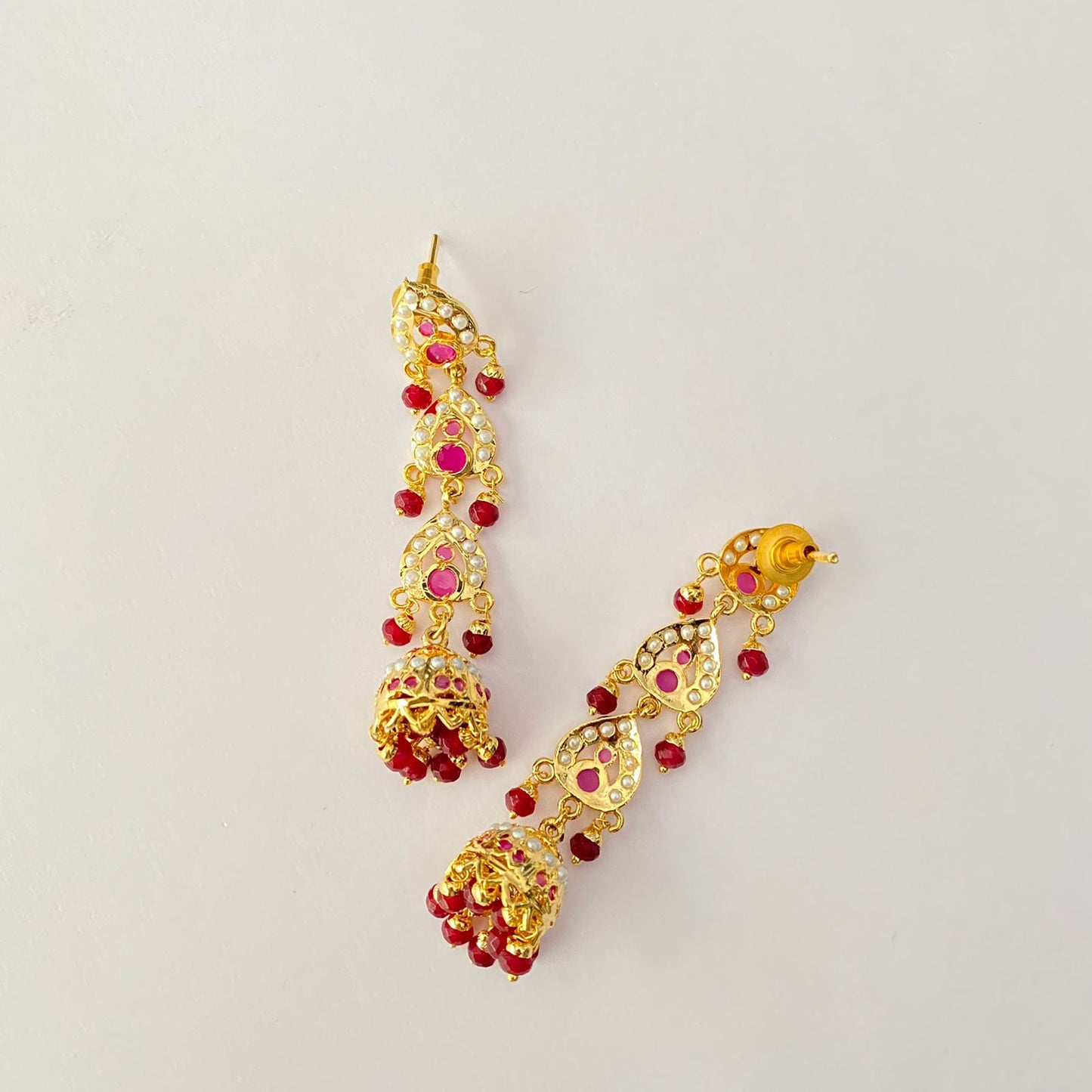 Ruby Gold Plated Long Jadau Earring