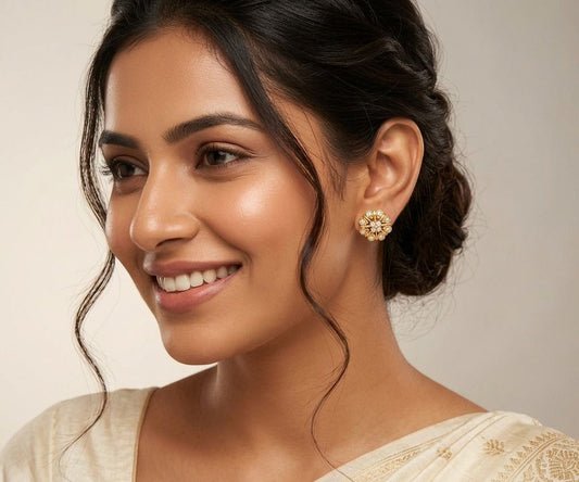 Gold Plated Floral Design with Back Screw Solitaire