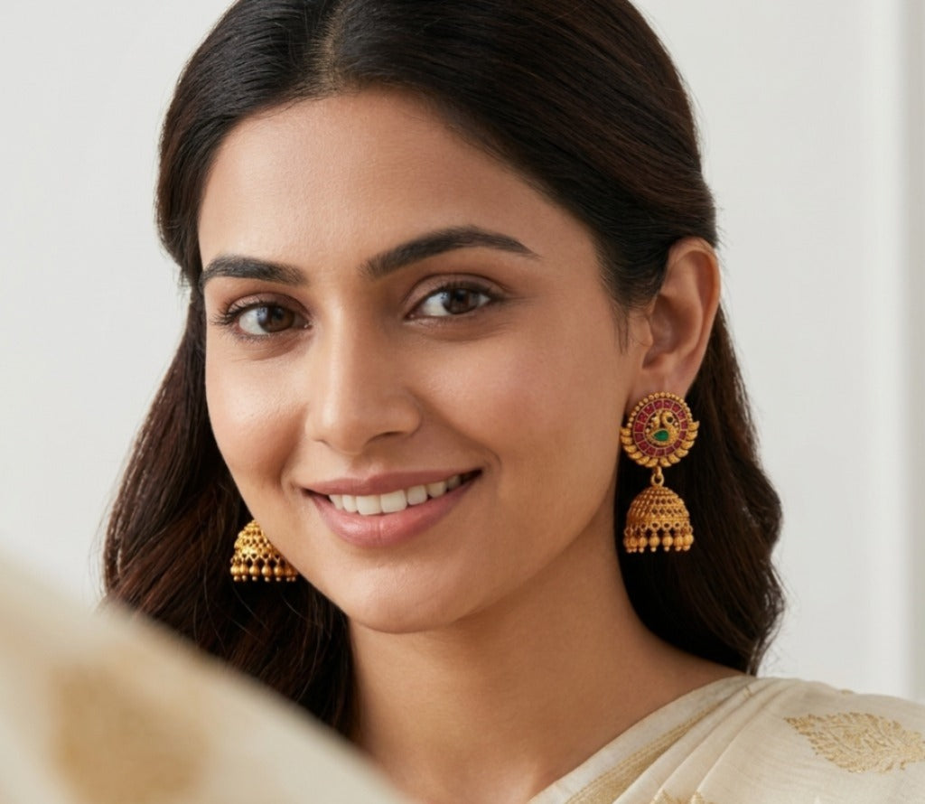 Ruby & Emerald Gold Plated Jhumka Earring
