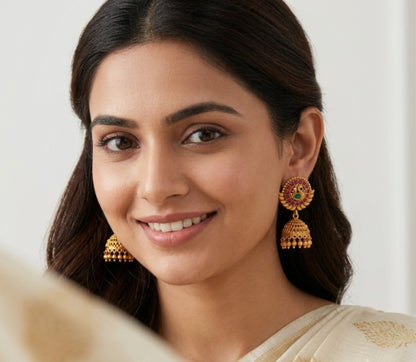 Ruby & Emerald Gold Plated Jhumka Earring