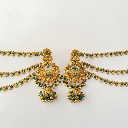 Green Antique Gold Jhumka kaan Chain Earring