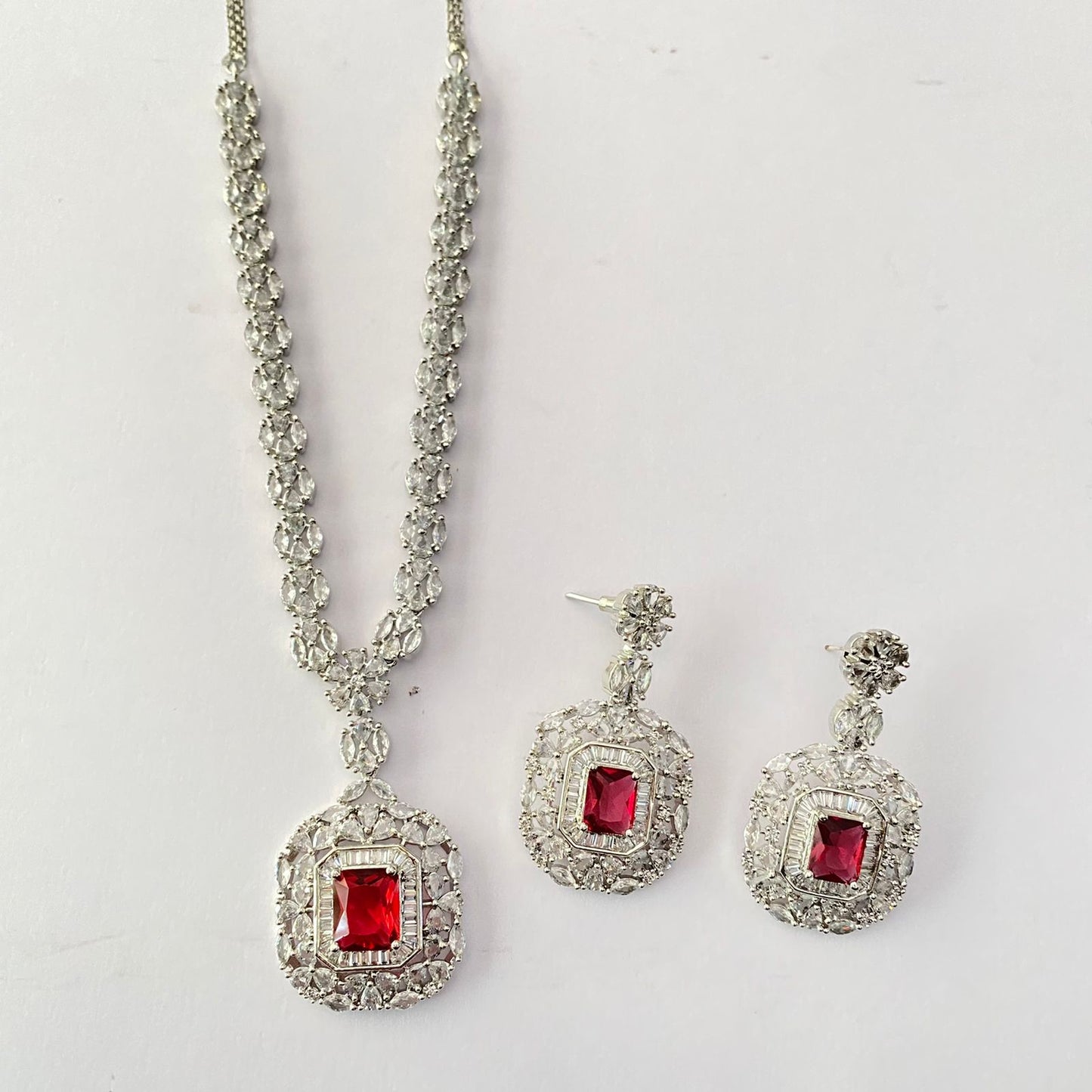 Ruby Silver Plated Diamond Sleek Necklace Set